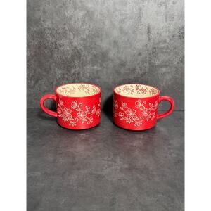 2 Temptations By Tara Floral Lace RED Soup Mugs / Coffee Mugs 14oz